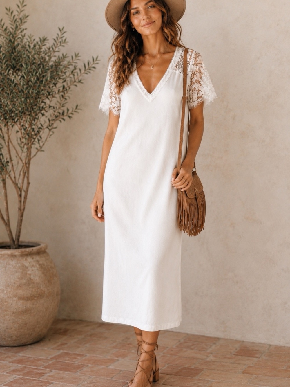 POL Lace Trim & Lace Sleeve Midi/Maxi Dress Size Small NWOT Boho Romantic